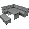 thumbnail image 3 of 5-Piece Outdoor Patio Rattan Sofa Set, Sectional PE Wicker L-Shaped Garden Furniture Set with 2 Extendable Side Tables, Dining Table and Washable Covers for Backyard, Poolside, Indoor (Grey), 3 of 9