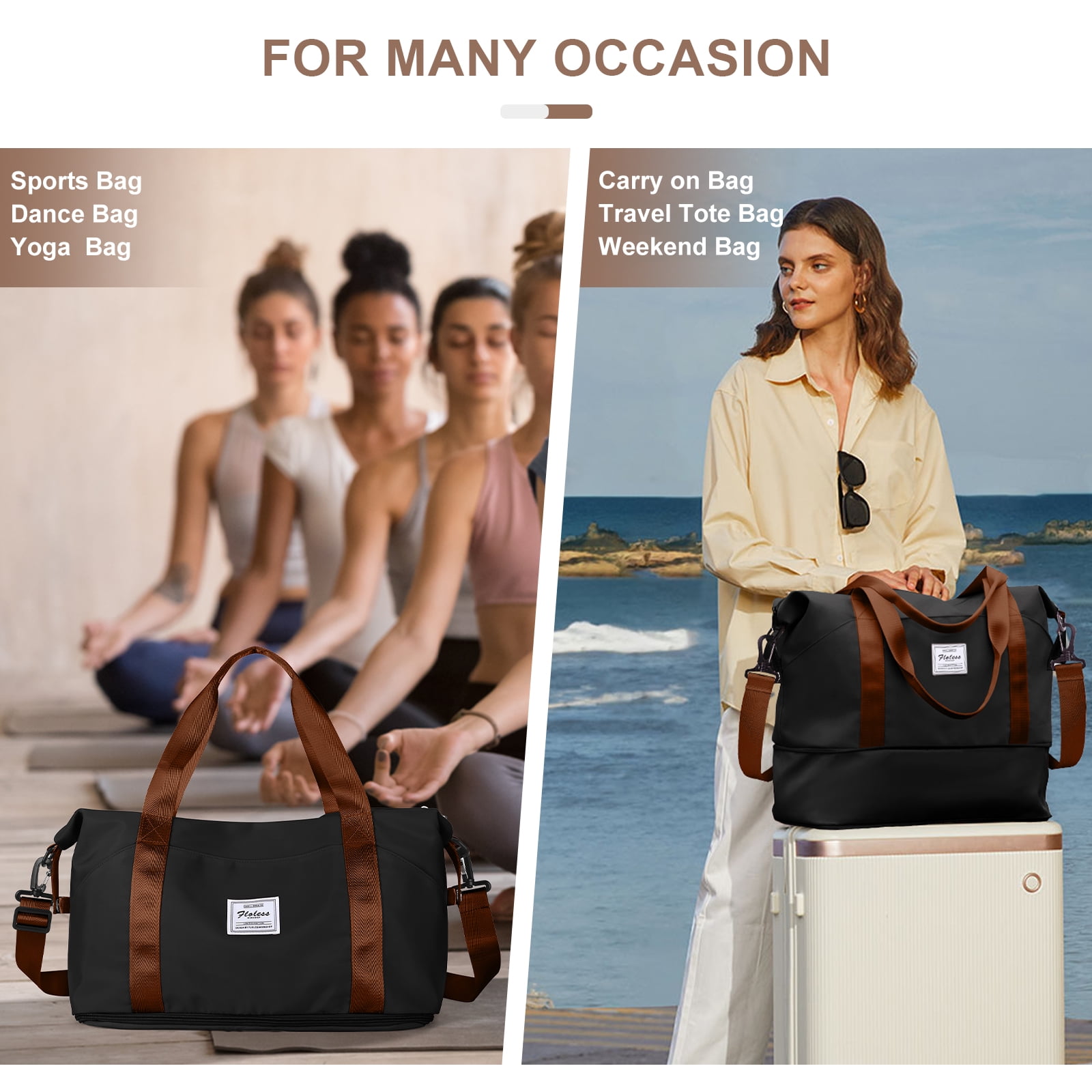 Travel Bag, Waterproof Duffel Gym Tote Bag, Weekender Carry On Overnight Bags for Women Men Approved Personal Item Bag for Airlines with Trolley Sleeve, Travel Duffel Bags, Black Brown