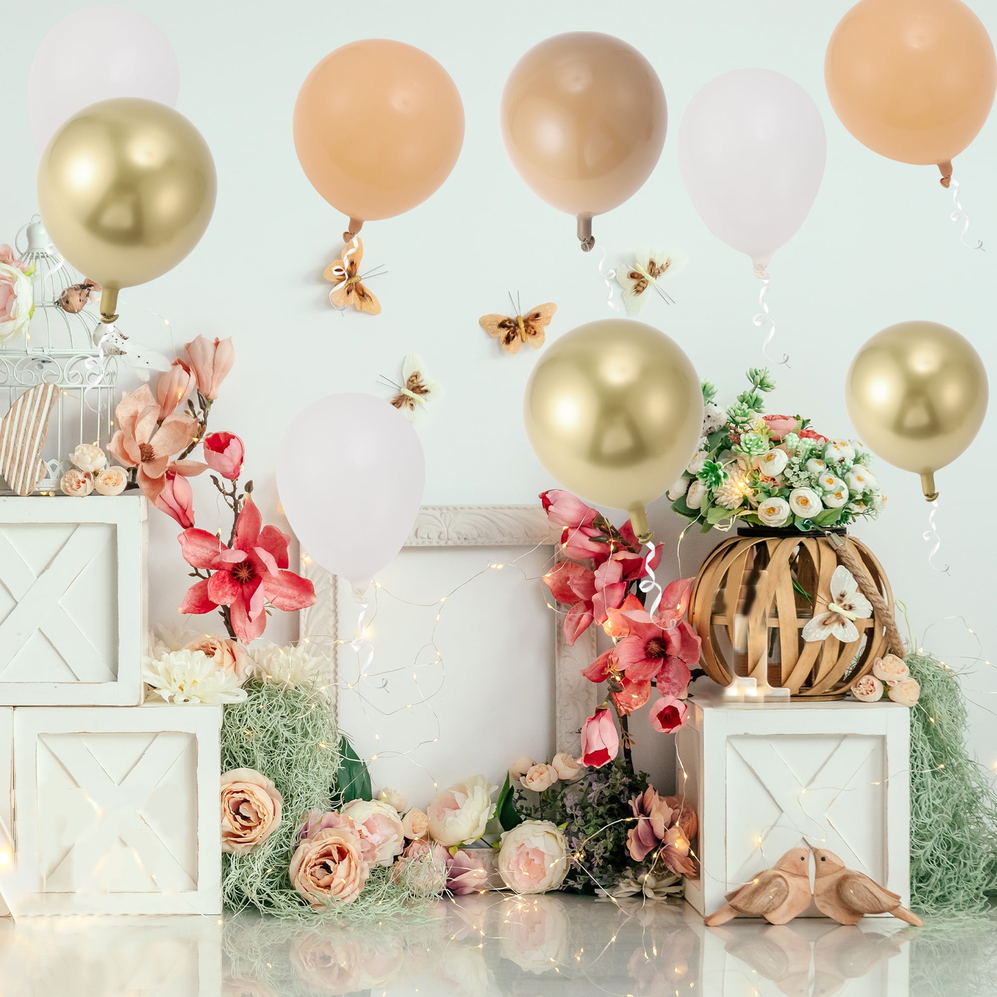 Unique Bargains Latex Party Balloons with Ribbon Apricot White Brown 10inch 20Pcs
