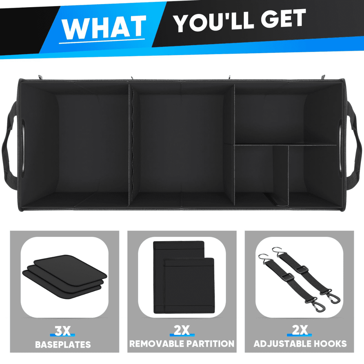 DUANJY Large Car Trunk Organizer with 5 Compartments Trunk Organizers and Storage, Reinforced Handle, Securing Straps, Trunk Organizer Available for Car, SUV, Minivan