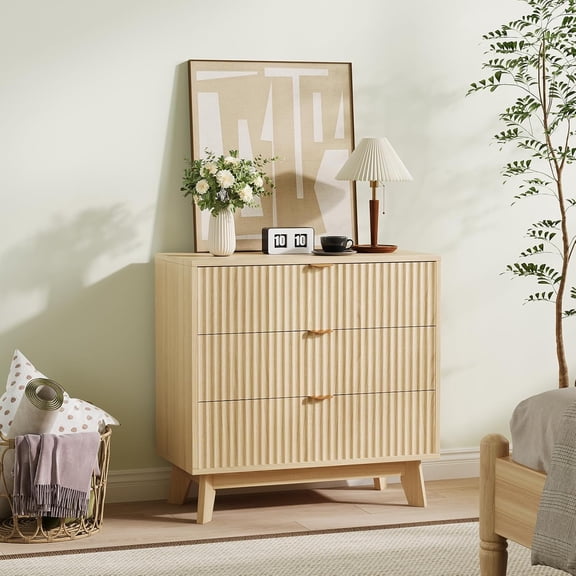 Roromall 3 Drawer Fluted Dressers, Modern Dressers Chest of Drawers, Wood Storage Chest Organizer for Bedroom Living Room Hallway Closet, Natural