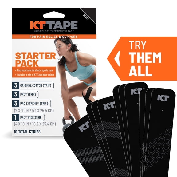 KT Tape Starter Pack - Variety of Kinesiology Tape for Medium to Intense Activities, Black, 10 Count