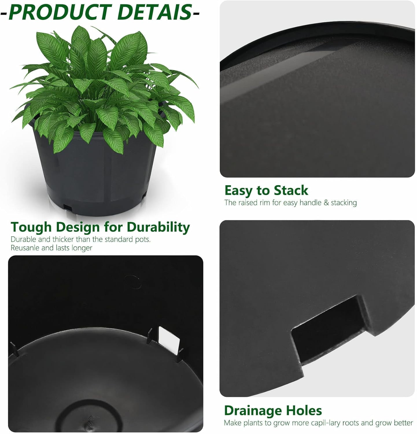 10-Pack 3.9 Gallon Round Planter Nursery Pots, Flower - Container - Molded Plastic Nursery Pots Gardening Pots for Indoor Outdoor Vegetables, Succulents, Black
