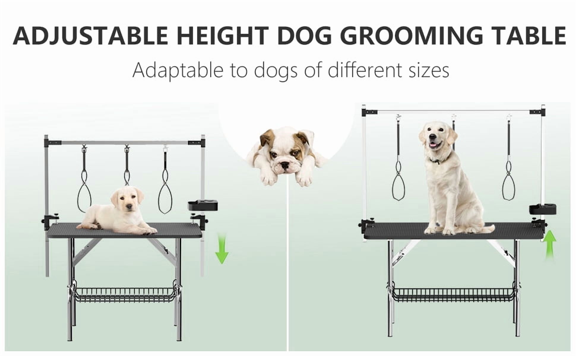 Foldable Dog Grooming Table, Stainless Steel Pet Grooming Station with Adjustable Height Arms, Nooses, Mesh Tray and Tool Organizer for Home Use