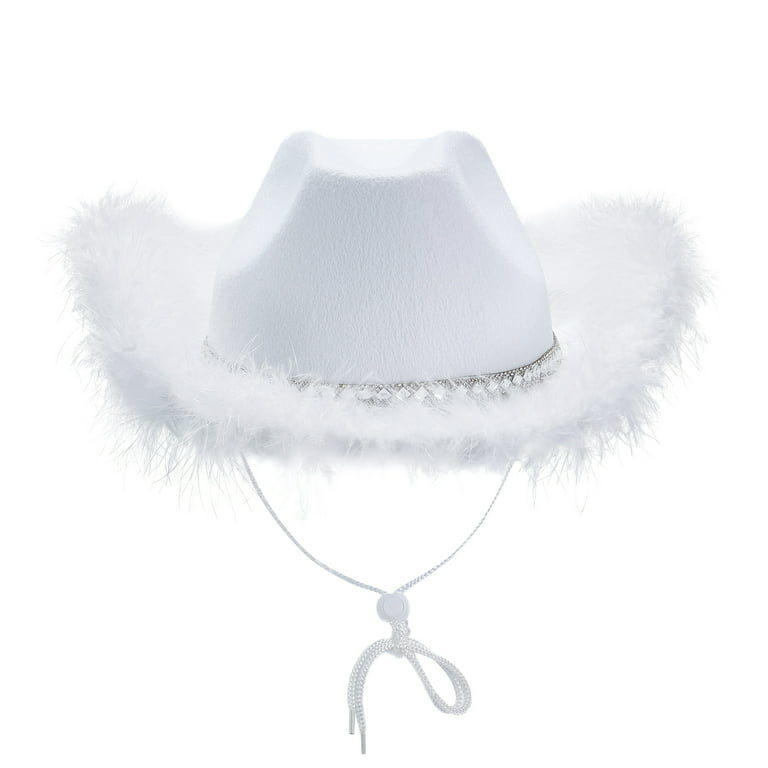 LOSIBUDSA Women's Cowboy Hats Fluffy Trim Felt Cowgirl Hat Feather