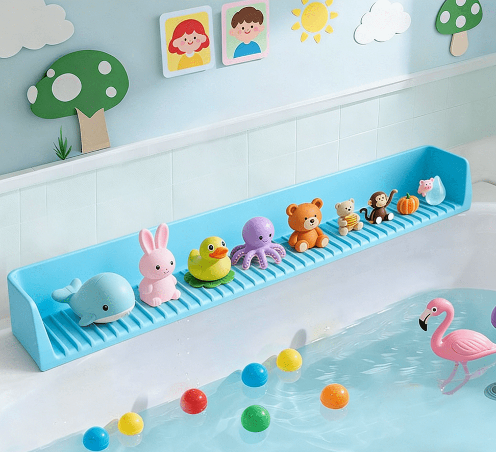 40.6 Inch Silicone Bathtub Splash Guard Play Shelf, Toy Tray & Caddy Holder with Suction Cups, Keeps Bathroom Dry During Bathing (Blue)