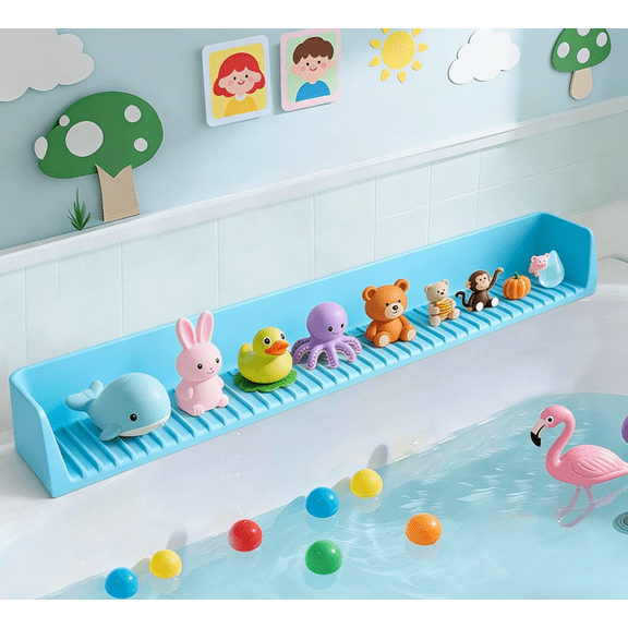 40.6 Inch 40.6" Bathtub Splash Guard for Kids & Toddlers - Silicone Play Shelf & Toy Storage Tray with Strong Suction Cups to Prevent Water Spills, No-Leak Fun Bath Time - Tub Toy Holder Ledge (Blue)