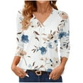 thumbnail image 2 of Delliss Women's V Neck Stylish Print Top Loose Basic 3/4 Sleeves Comfy Blouse Off-White L, 2 of 6