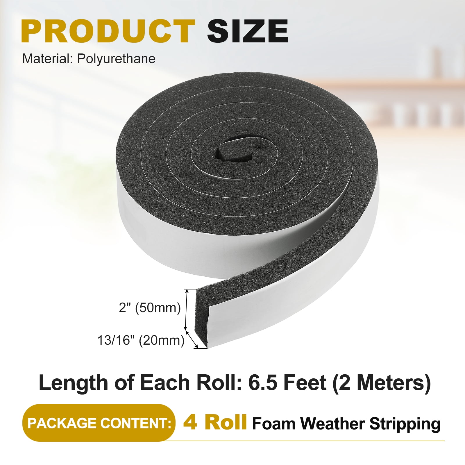 Weather Stripping Door Seal, 4 Rolls 2" x 13/16" Adhesive Foam Tape Seal Soundproof Insulation Strips for Door Frame Window Gaps (26 Feet Total, 6.5 Feet/Roll)
