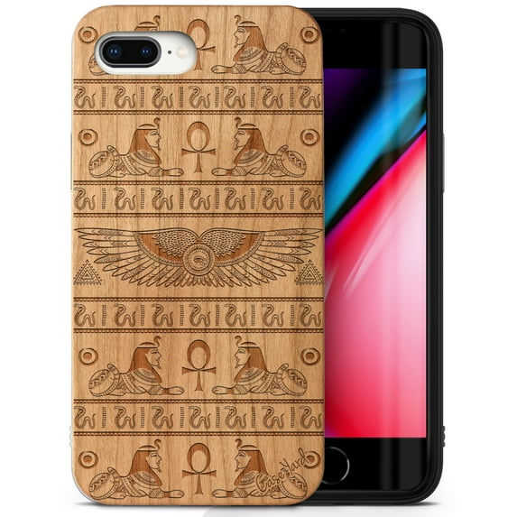 Case Yard Wooden Case Outside Soft TPU Silicone, Slim Fit Shockproof Wood Protective Phone Cover for Girls Boys Men and Women, Supports Wireless Charging Pharaoh Pattern Design case for iPhone-8-Plus