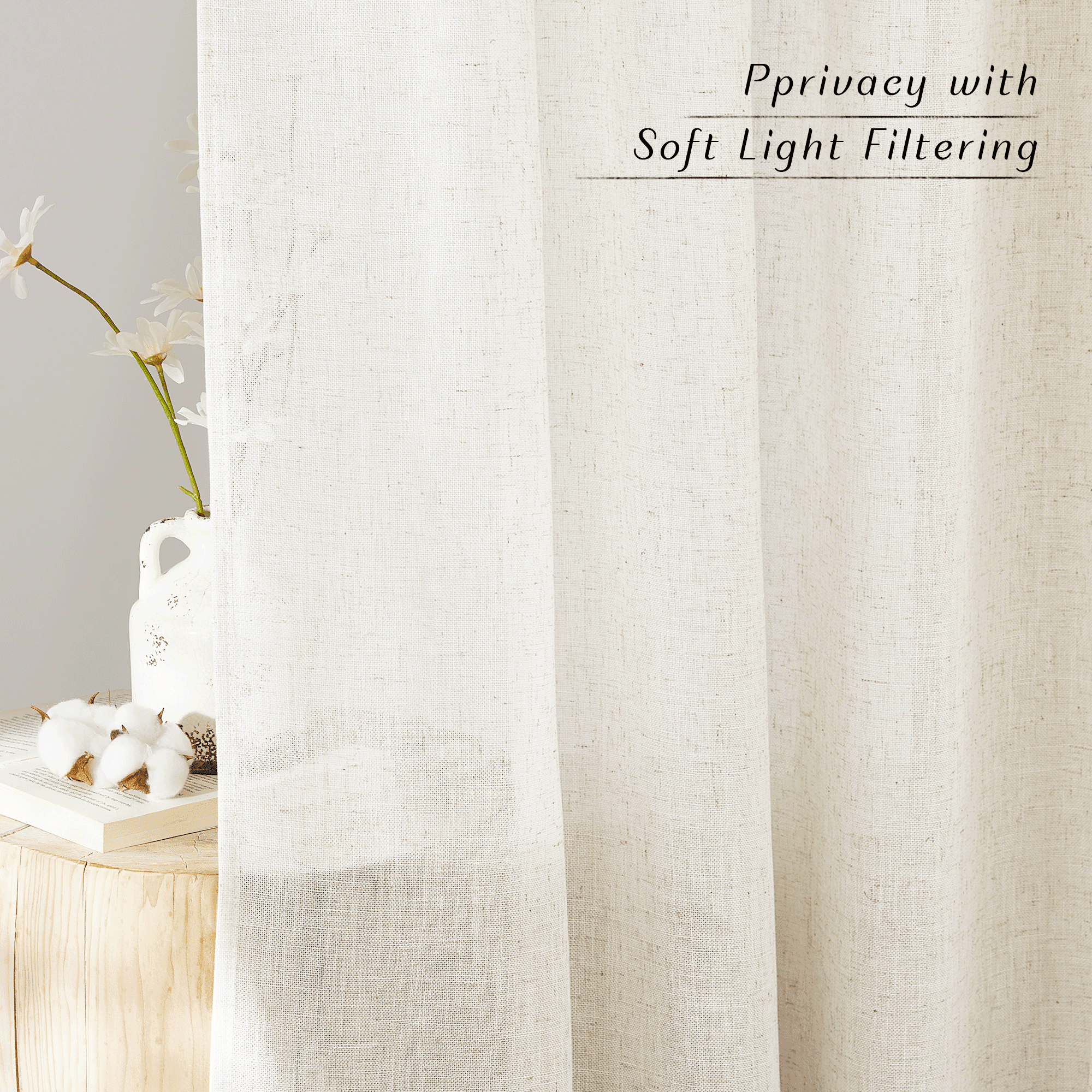 NICETOWN Semi Sheer Linen Curtains 108 inches Long for Bedroom, Light Filtering Half Privacy Back Tab/Rod Pocket Farmhouse Living Room Window Curtains, Linen, 52"x 108", 2 Panels