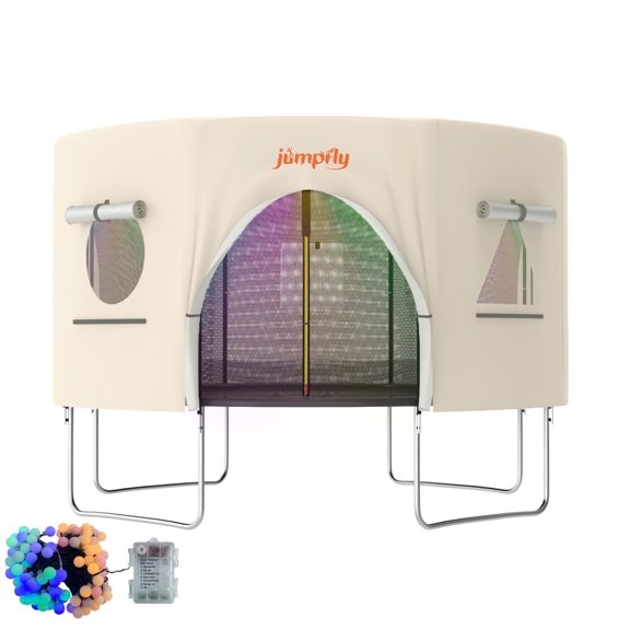 Jumpfly 12FT Trampoline Tent for Kids,Fit for 8 Straight Poles Round Trampoline,Trampoline Shade Cover with LED Light,Outdoor Trampoline Accessories Canopy,Sunscreen Clubhouse,Anti-Tear,Camping,Beige