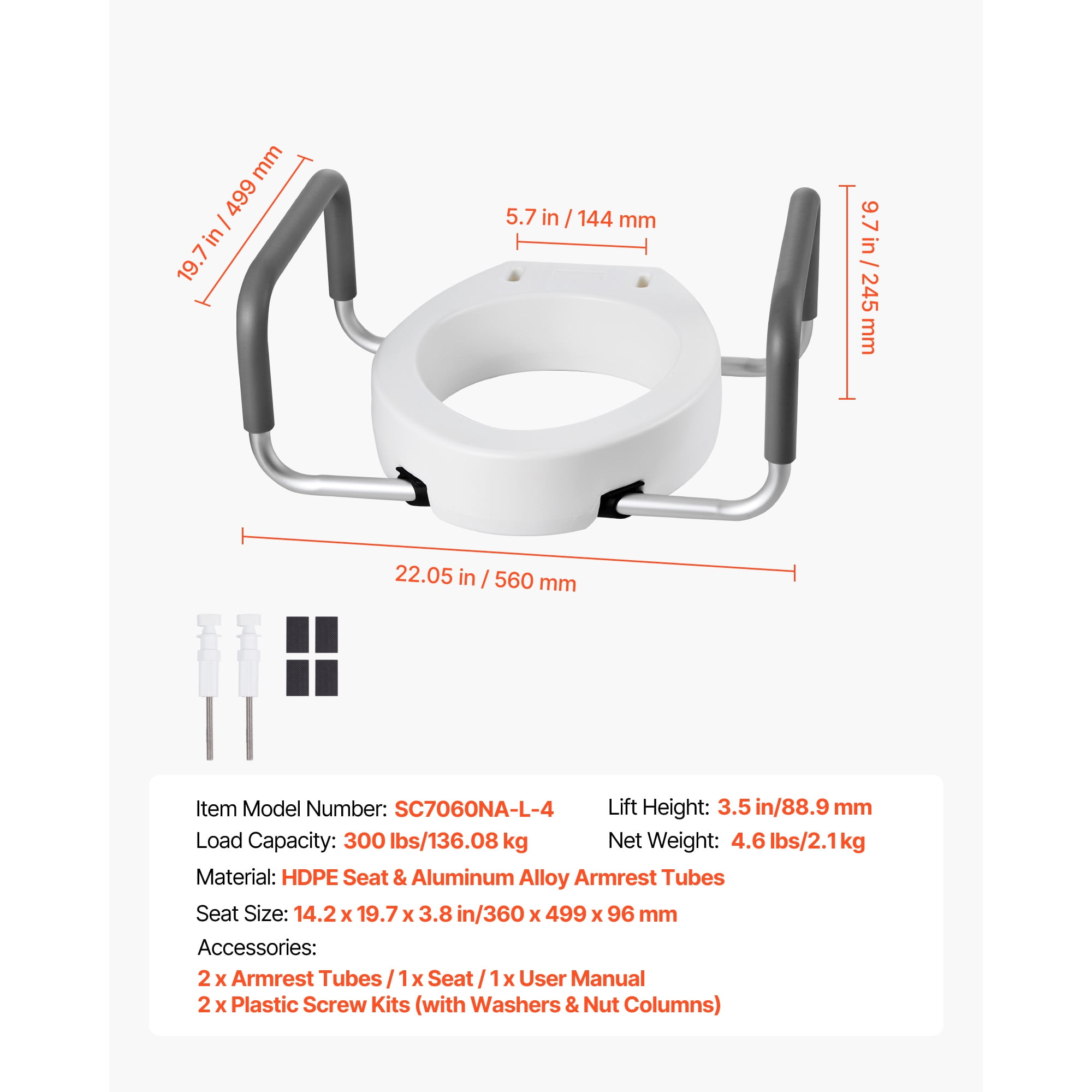 KFFKFF Raised Toilet Seat with Arms, 300 lbs Weight Capacity, 3.5-Inch Height Increase, Wide Elevated Commode Seat with Cushioned Handles for Seniors, Adults, and Individuals with Disabilities