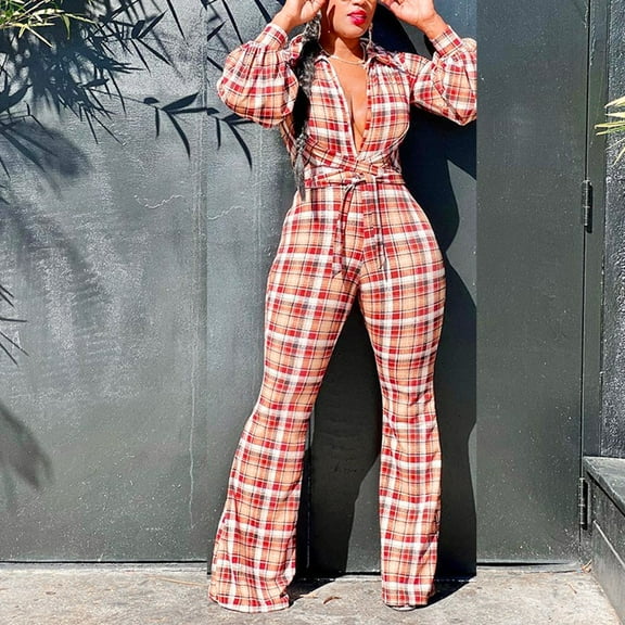 Aayomet Fall 2023 New Long Sleeve Plaid Print Casual Jumpsuit,A L
