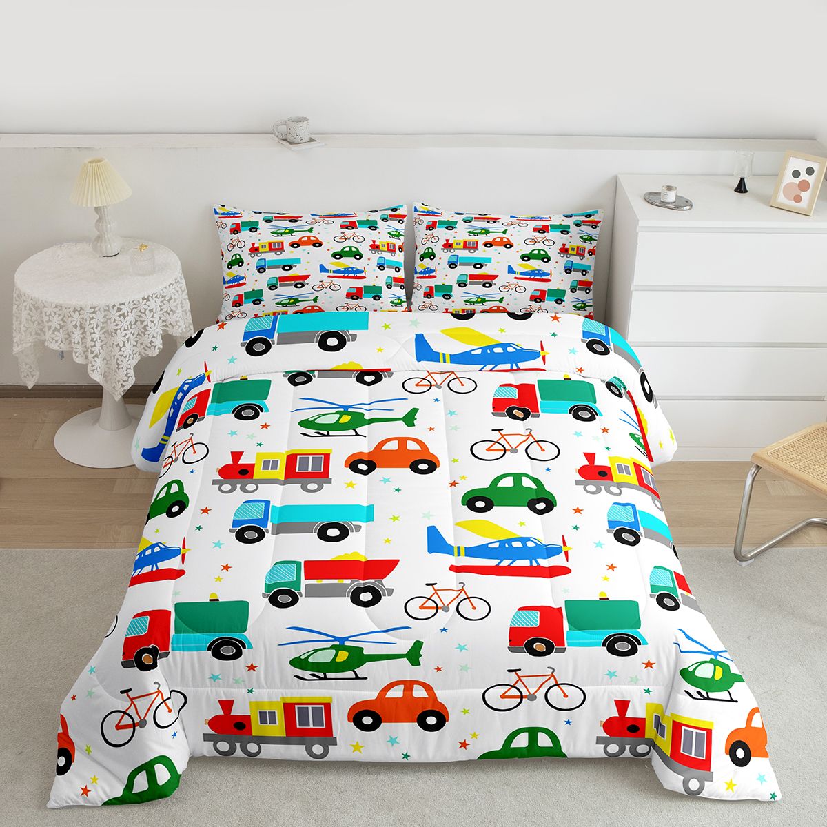 Manfei Colorful Cartoon Cars Bedding Comforter Set,Modern Aircraft Aitplane Twin Comforter Sets,Cute Multicolor Stars Bedding Set For Boys Girls,Super Cozy Room Decor Reversible,2pcs