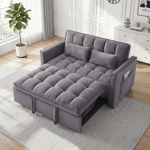 Gewnee 55" Sofa Bed, Convertible Sleeper Sofa & Pull Out Couch, 3-in-1 Velvet Loveseat with Adjustable Backrest and Storage Pocket, Gray