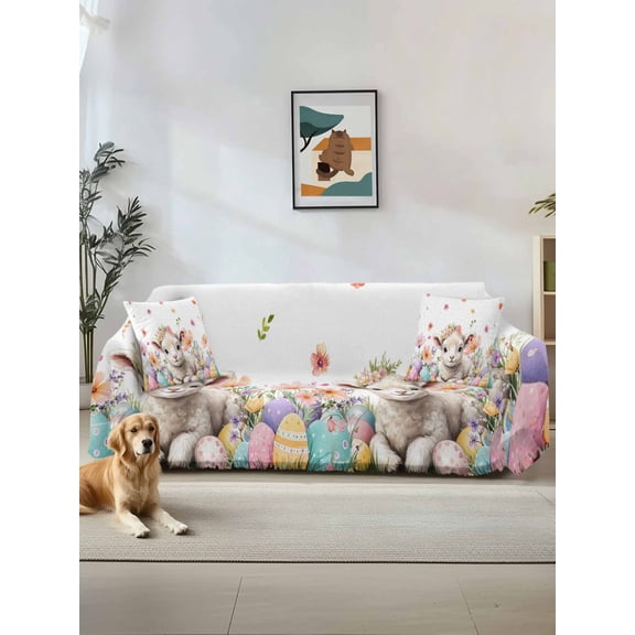 Spring Easter Sheep Couch Cover Sofa Covers 3 Cushion Sectional Couch, Colorful Eggs Floral Botanical Washable Sofa Covers Slipcover Sectional Sofa Cover, Furniture Protector 71"x150"