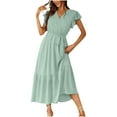 thumbnail image 2 of Staron Robes d'Été Vertes pour Femmes, Robe de Plage Bohème à Volants, Col en V, Manches Courtes, Ceinture à Nouer, Ligne A, Robe d'Été, 2 of 7