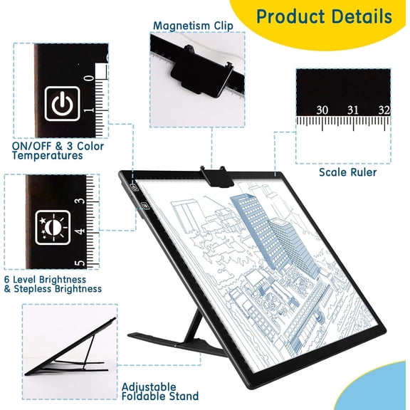 A3 Light Box For Tracing - Rechargeable Light Board 3 Color Stepless 6 Level Brightness Light Table For Tracing, Adjustable Stand Light Board For Diamond Painting Tatto Drawing Adult W/case