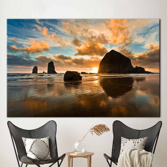 View Poster, Cannon Beach Wall Decor, Oregon Coast Haystack Rock Poster, Haystack Rock Artwork, Sea Poster, Sky Canvas, Canvas Wall Decor - Rolled Canvas