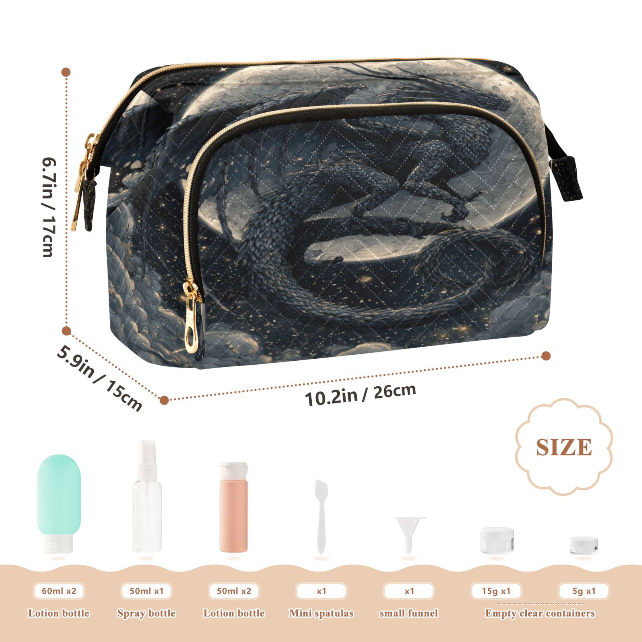 Wavy Quilted Cosmetic Bag Large-Capacity Travel Toiletry Organizer Includes 9-Piece Portable Travel Bottle Set Black Devil Dragon