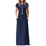 Women Solid Color Short Sleeve Summer Outfit Maxi Dress With Pocket