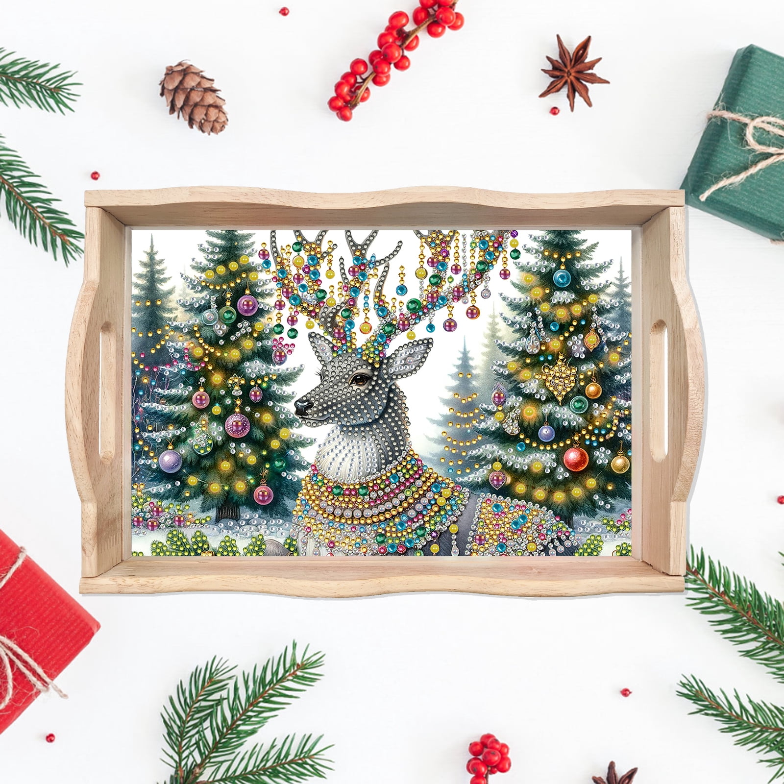 FLOPESN DIY Diamond Art Painting Handmade Wooden Tray,Creative Design Serving Dinner Plate for Coffee Living Room Home Organizer-Christmas Elk