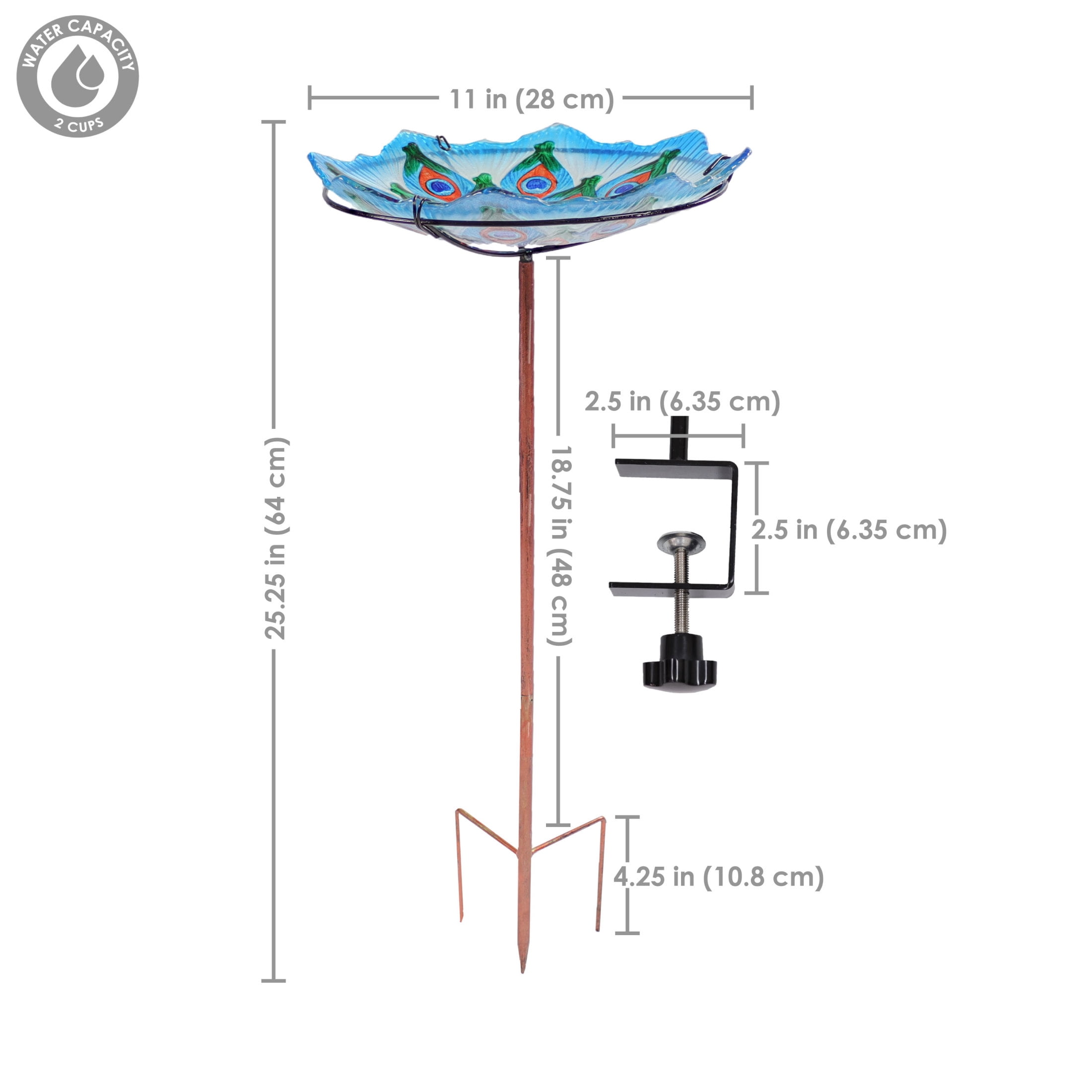Sunnydaze Staked or Deck Mount Glass Outdoor Bird Bath Bowl, Exquisite Feathers