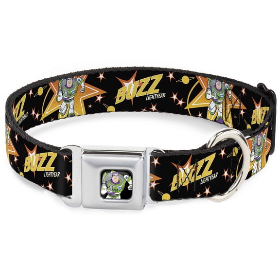 Disney Pet Collar, Dog Collar Metal Seatbelt Buckle, Toy Story Buzz Lightyear Running Stars Black Orange Yellow, 9.5 to 13 Inches 1.0 Inch Wide