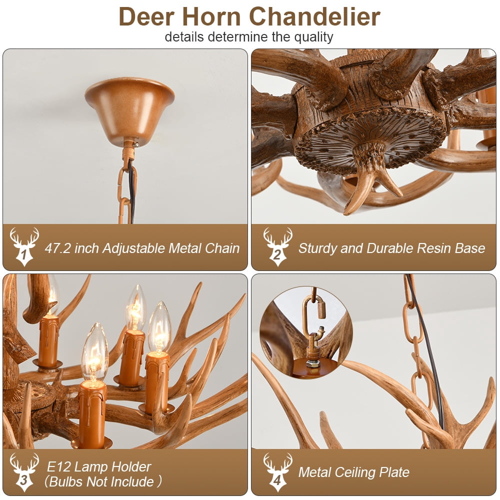 Deer Antler Chandelier 8 Light, Antler Pendant Light Fixturs, Vintage Farmhouse Deer Horn Chandelier Lighting for Living Room Dining Bedroom Christmas