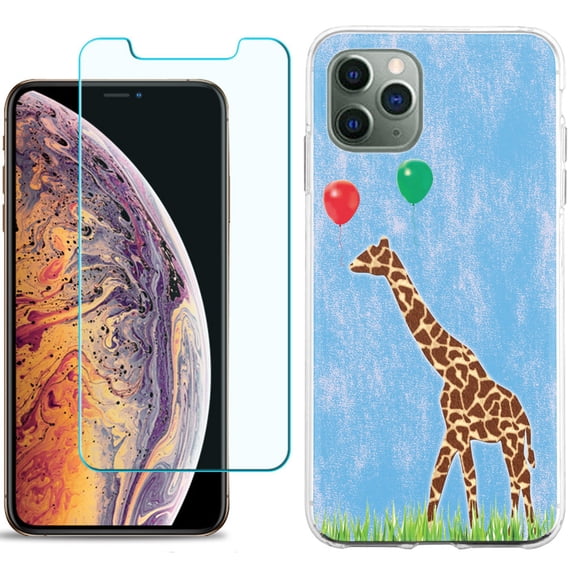 For Apple iPhone 11 Pro Case , Slim-Fit TPU Protective Phone Case with Tempered Glass Screen Protector, by OneToughShield ® - Giraffe/Balloon
