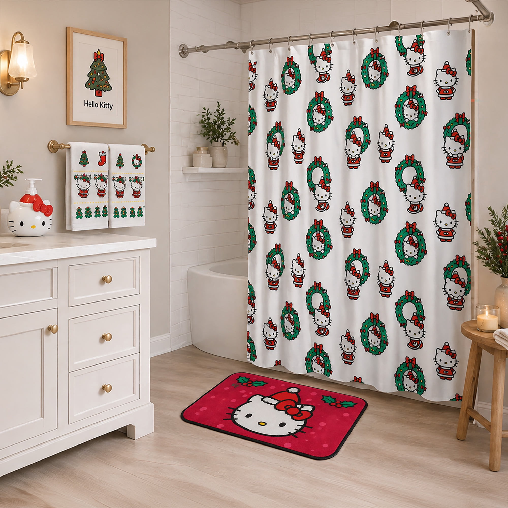 Hello Kitty Christmas Wreath Fabric Shower Curtain, 72 x 72