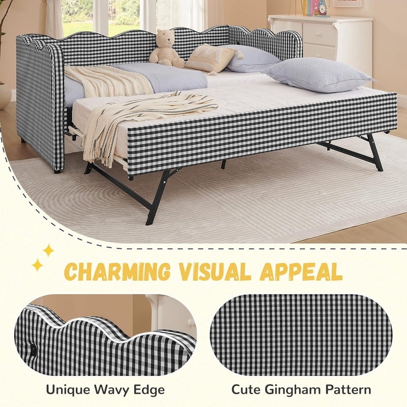 Full Size Upholstery Daybed with Trundle and USB, Full to King Design Wave Shaped Extendable Linen Sofa Bed, No Box Spring Required, for Living Room and Bedroom