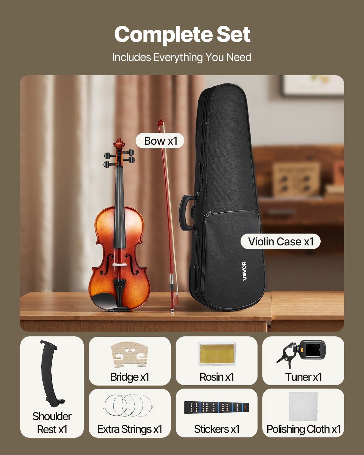 Violin 4/4 Size Fiddle Set for Beginners, Fully Handcrafted Solid Wood with Glossy Brown Tiger Stripe Pattern, Includes Case, Bow, Shoulder Rest, Tuner, Rosin, Spare Strings, Sticker, and Polishing