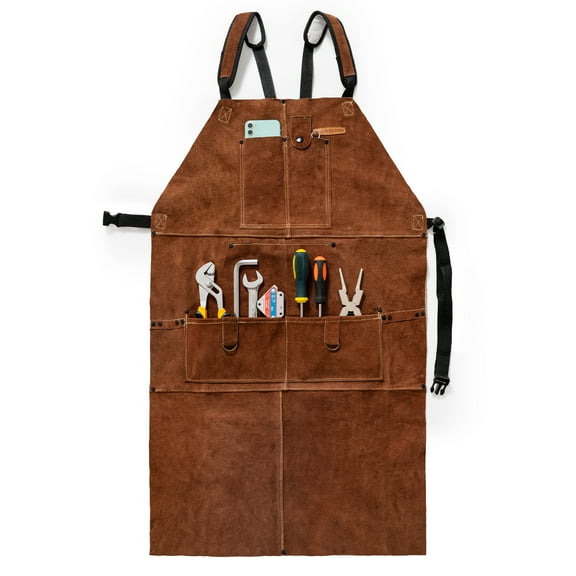 Heavy-Duty Leather Welding Apron - Heat & Flame Resistant Cowhide with 6 Pockets - Adjustable 41" Blacksmith Apron for Men/Women by YESWELDER