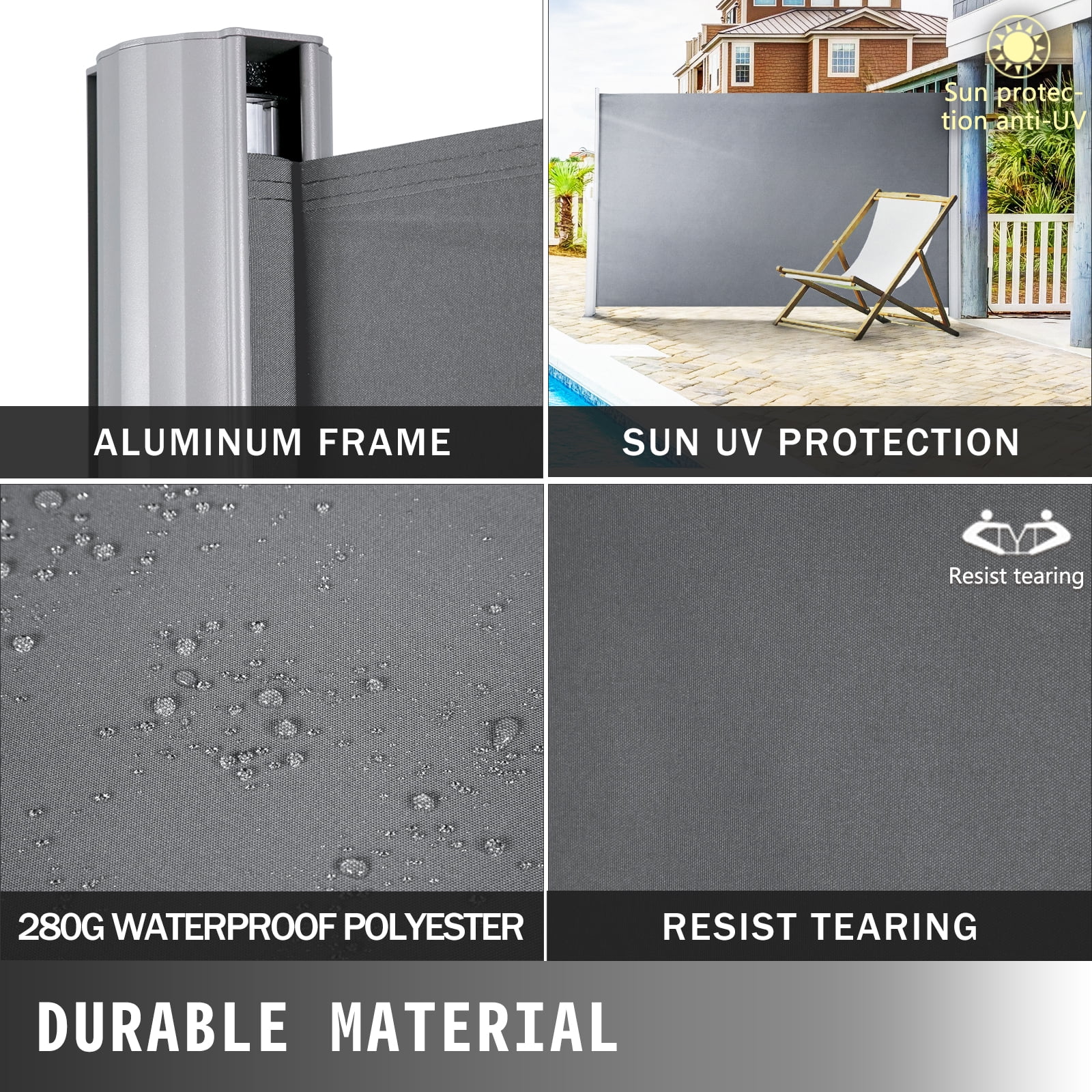 KFFKFF Retractable Side Awning 118" x 71", Retractable Patio Screen Waterproof, Retractable Room Divider Grey for Privacy, Garden, Outdoor, Patio and Terrace