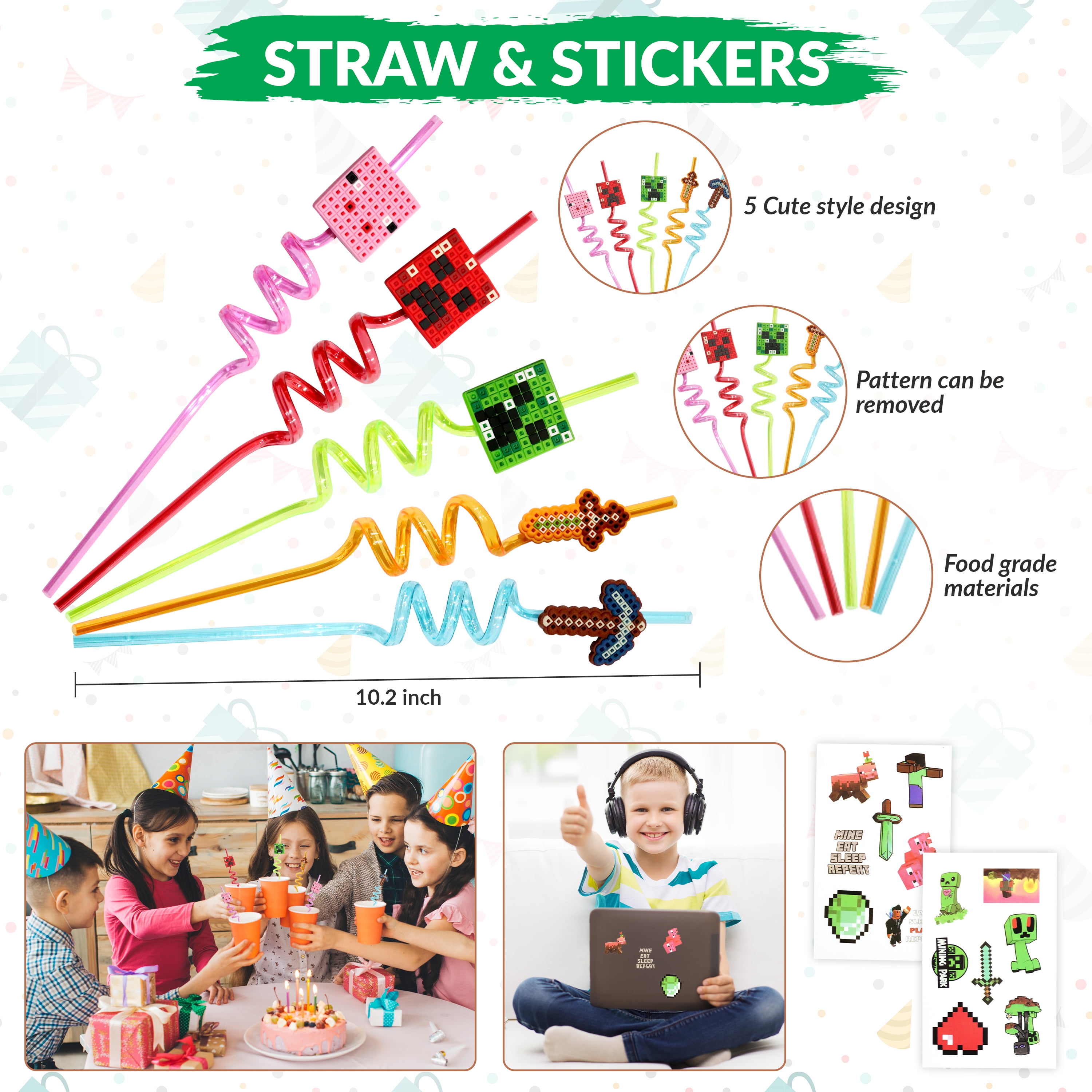 60 Pcs Miner Pixel Theme Birthday Party Favors Keychain Slap band Stickers Treat Bag Straw for Kids Party Supply