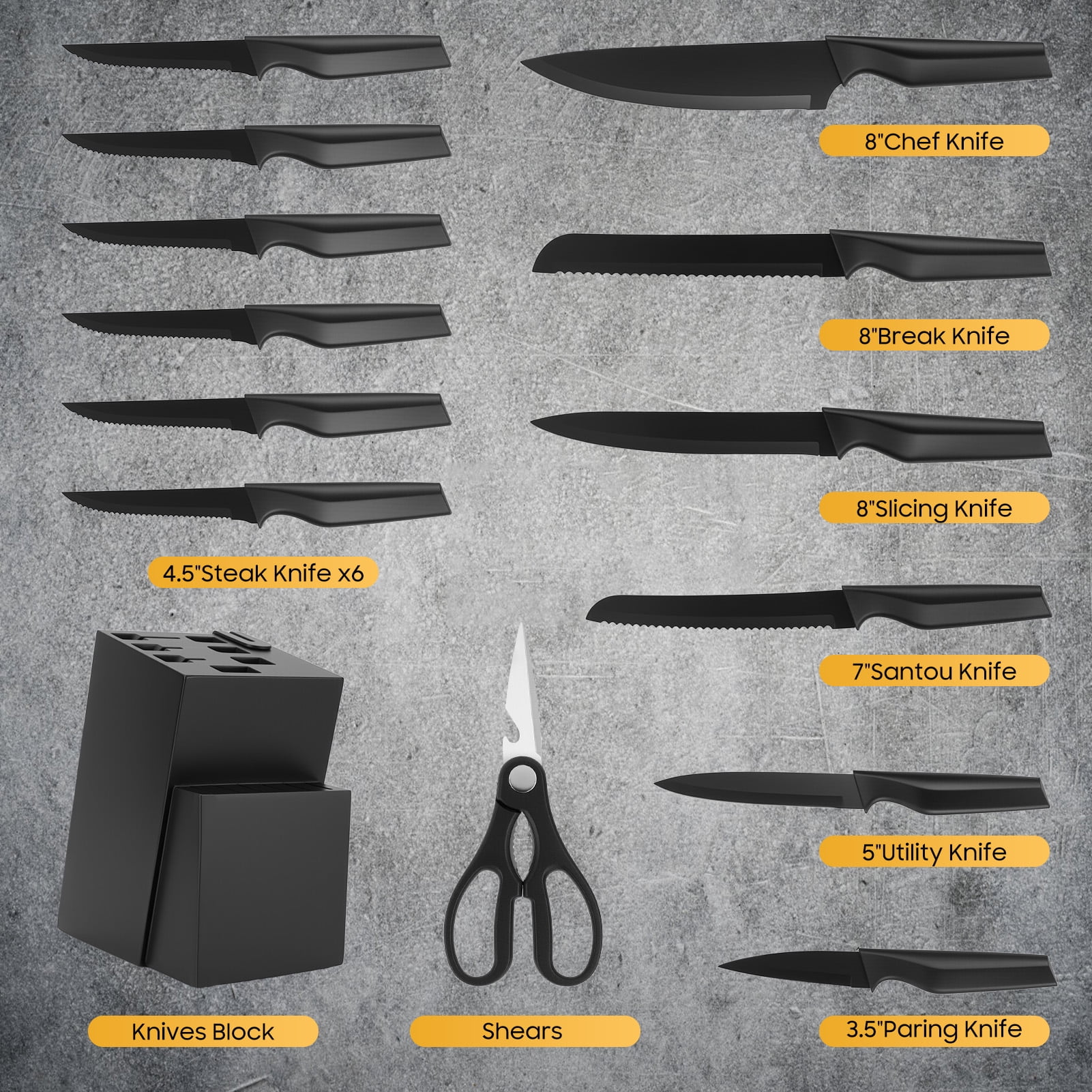 Tebru Kitchen Knife Set, 14 Pcs Knives Block Set with Built-in Sharpener, Healthy Anti-Rust Coating & Stainless Steel Knife Set, Dishwasher Safe Black