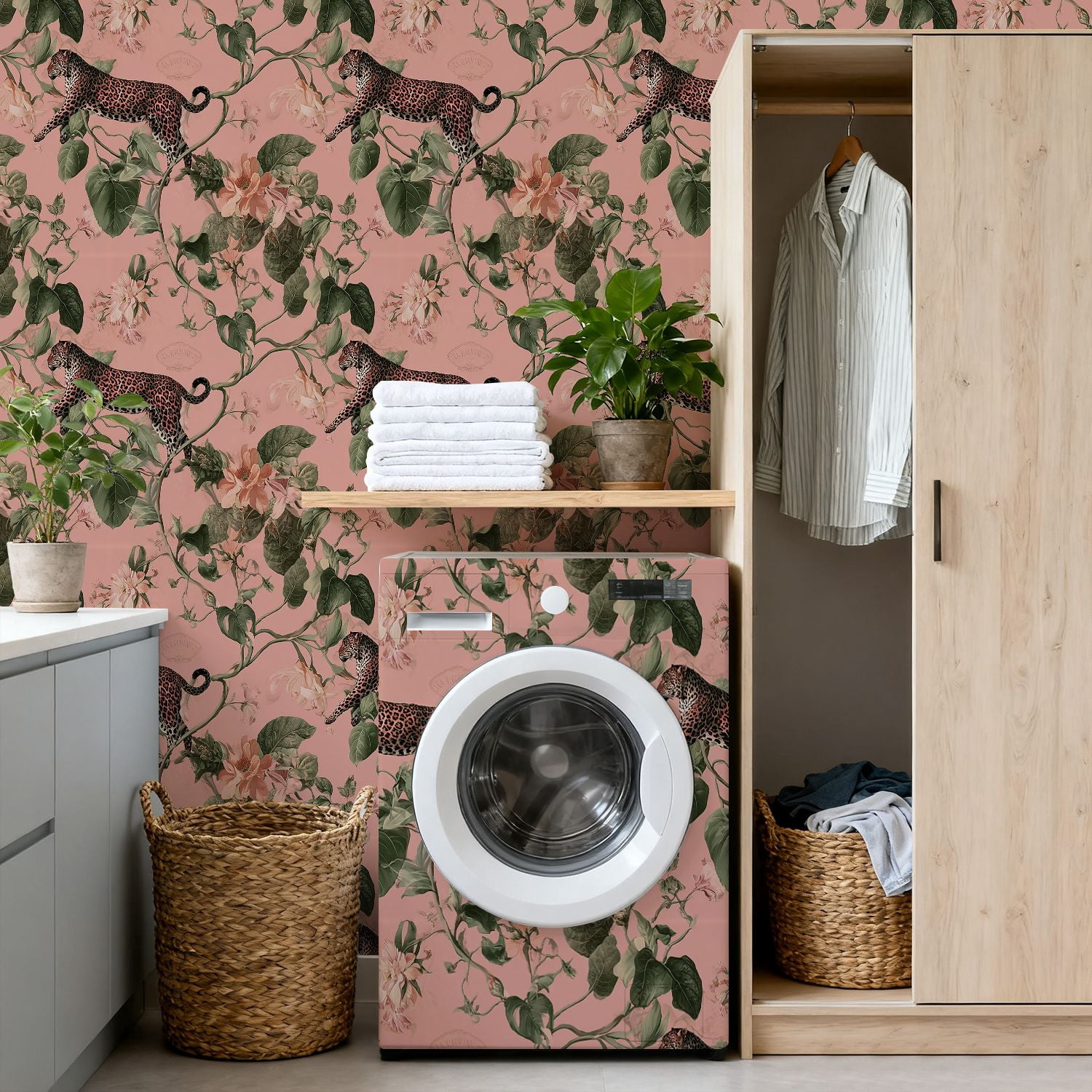 Peel and Stick Wallpaper Leopard Floral Botanical Soft Pink Wall Mural 17.7in x 9.8ft Self Adhesive Removable Wall Paper Renter Friendly Wallpaper for Nursery Bedroom Cabinets