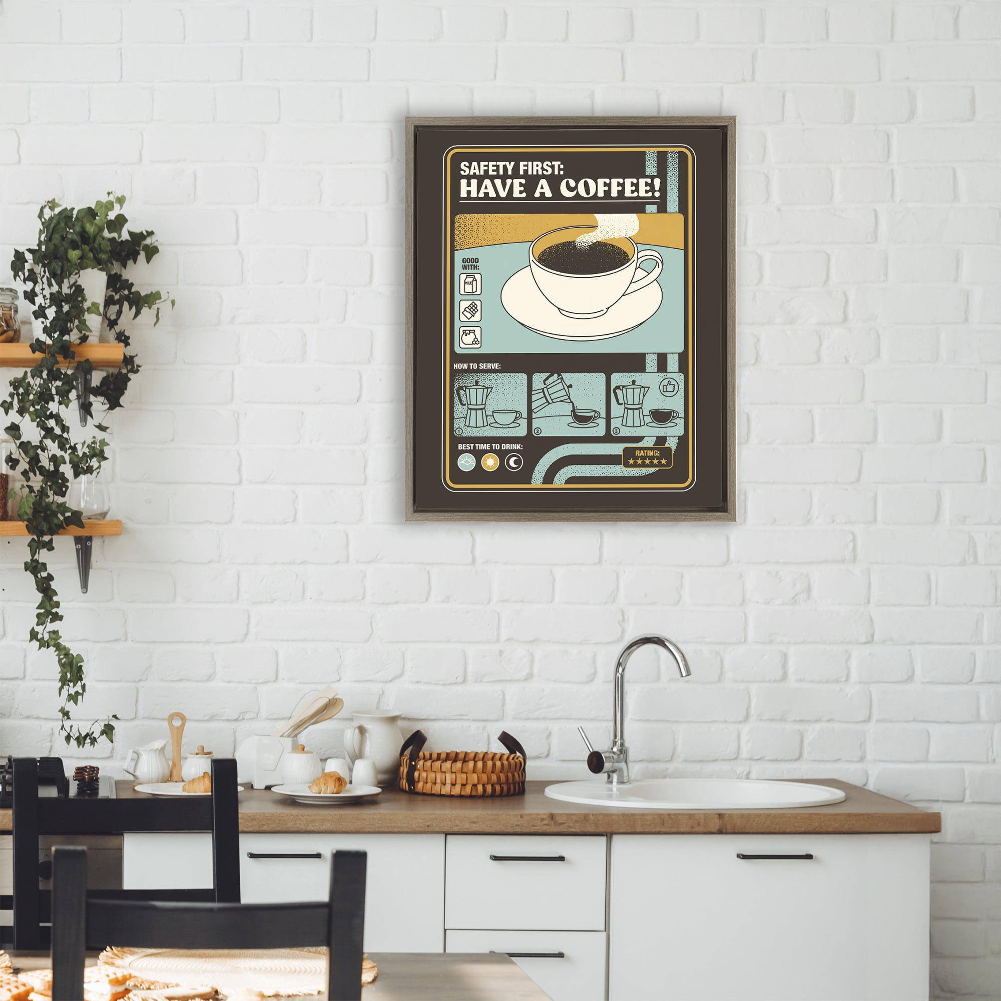 Stupell Industries Safety First Have A Coffee Brown Framed Floater Canvas Wall Art, design by Tobe Fonseca