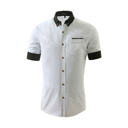 Men Casual Contrast Button Down Short Sleeve Slim Fit Shirt White/M (US ...