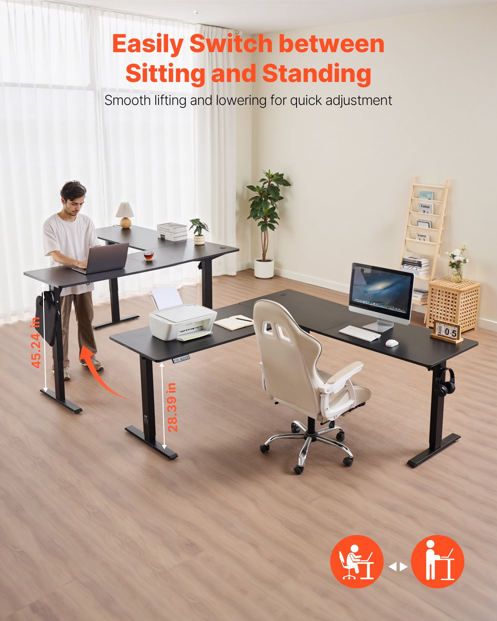 VEVOR L Shaped Desk, Electric Adjustable Height Corner Gaming Desk with Dual Hooks, Heavy Duty Carbon Steel L-Shaped Computer Table with Power Outlets for Home, Office, Study, Easy to Assemble
