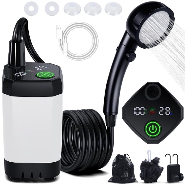 Regadera Portatil Recargable, 6000mAh Regadera Camping Electrica con Pantalla LED, 4 Modos de Pulverización, Ducha Portatil IPX7 Impermeable para Senderismo