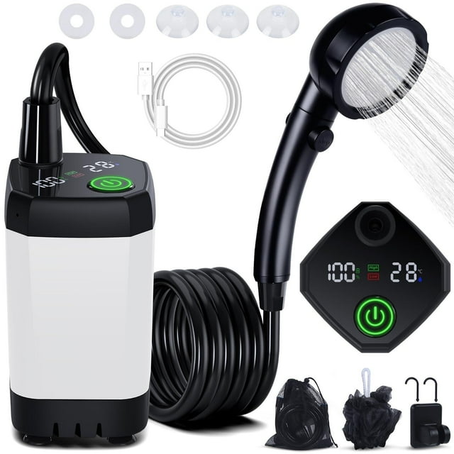 Regadera Portatil Recargable, 6000mAh Regadera Camping Electrica con Pantalla LED, 4 Modos de Pulverización, Ducha Portatil IPX7 Impermeable para Senderismo