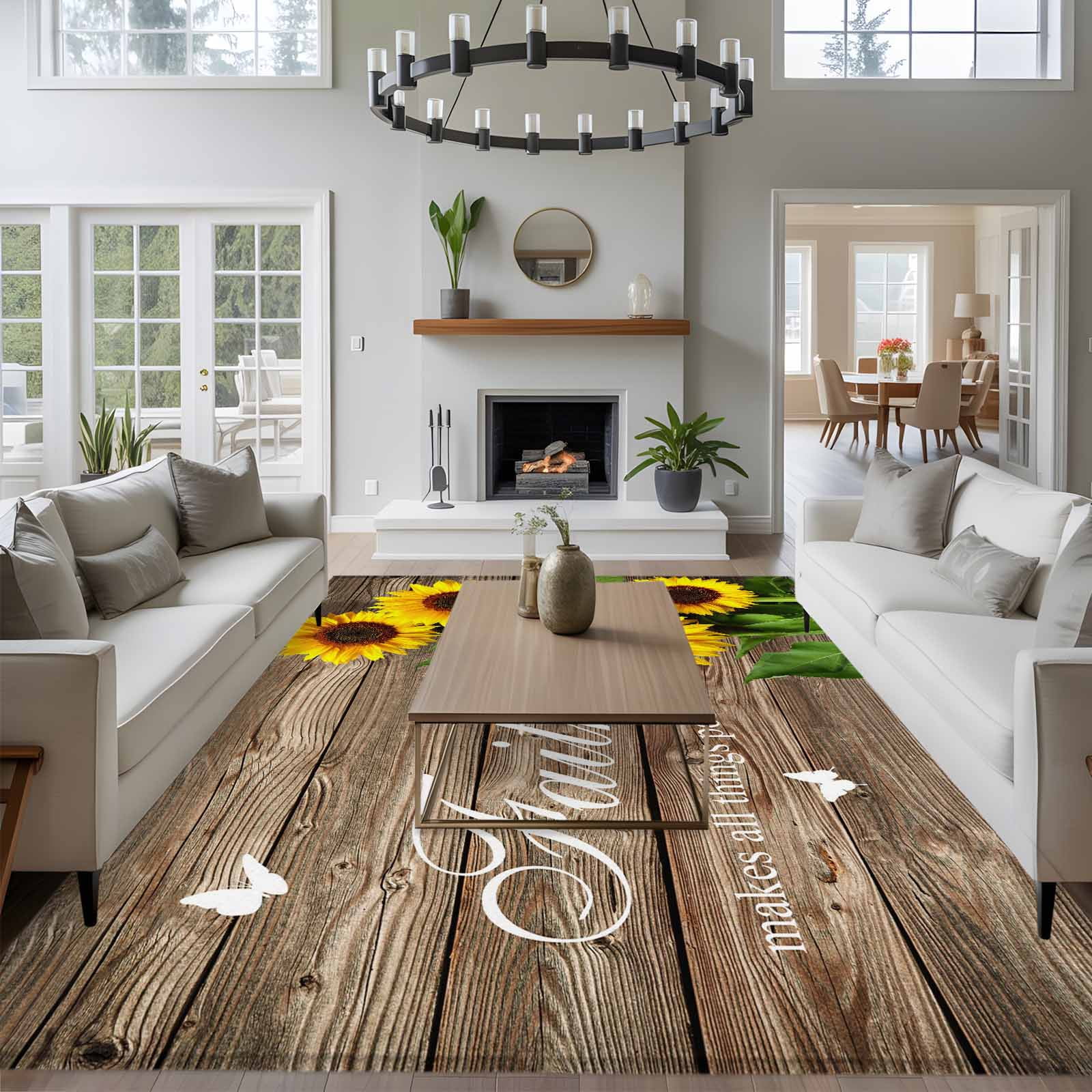 8x10 Area Rugs for Living Room, Spring Sunflowers Non Slip Area Rugs for Kitchen Bedroom Entryway, Country Farmhouse Brown Wooden Plank Washable Carpet Runner Rug Floor Mats for Bedroom Home Decor