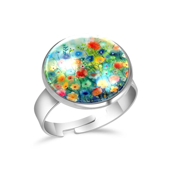 PhooArto Watercolor Floral Colorful Painting Stainless Steel Rings for Women, Open Adjustable Ring Promise Ring Jewelry Gifts