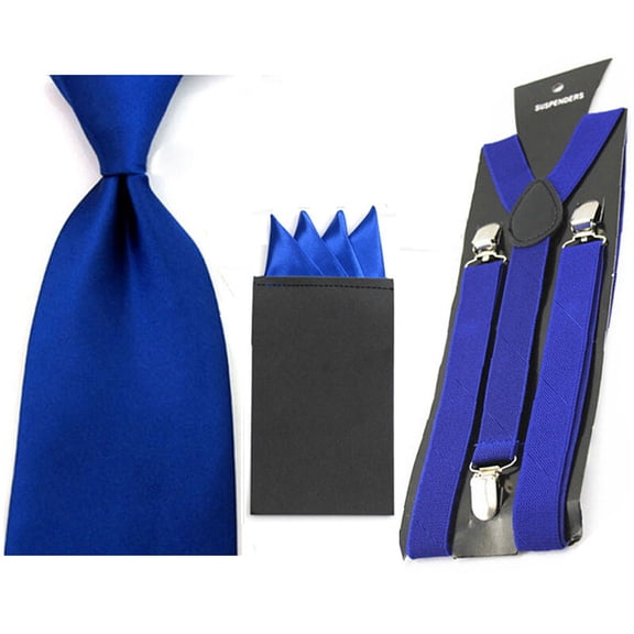 Men's Solid Color Wide Necktie Wedding Handkerchief Pocket Square Braces Set