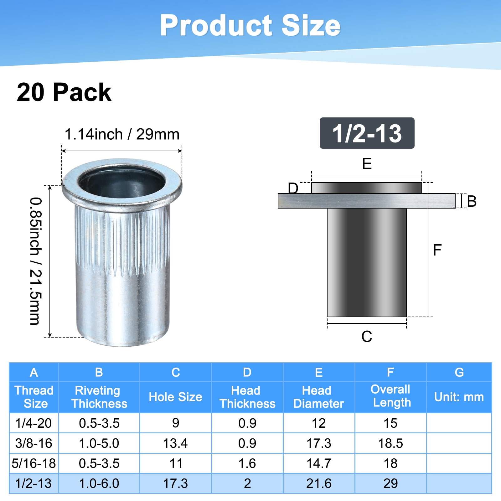 Uxcell 20-Pack 1/2"-13 UNC Rivet Nuts, Carbon Steel Knurled Flat Head Threaded Insert Nuts White Zinc-Plating Knurled Rivet Nuts