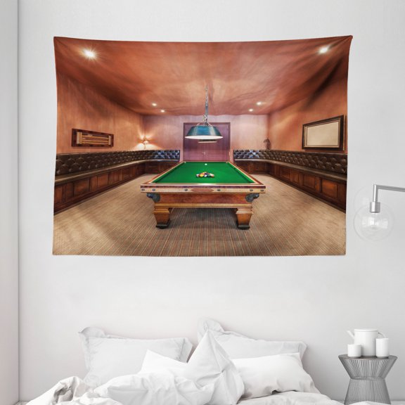 Modern Decor Tapestry, Entertainment Room in Luxury Mansion Pool Table Billiard Lifestyle, Wall Hanging for Bedroom Living Room Dorm Decor, 80W X 60L Inches, Cinnamon Brown Green, by Ambesonne