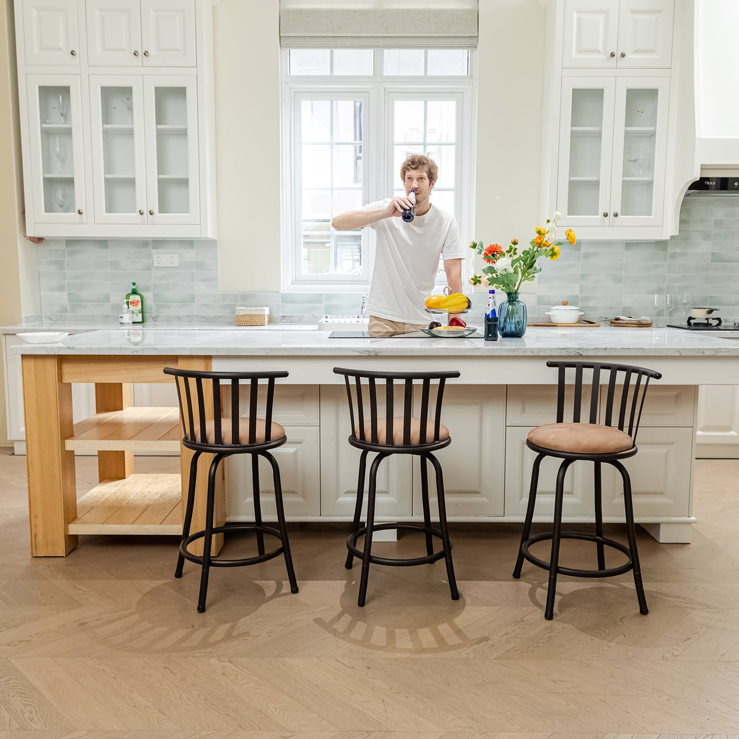 Homy Casa 3 Pack Bar Stools Swivel Adjustable 24/29 In Kitchen Island Chairs with Metal Frame, Brown